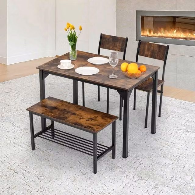 WestWood 4-Piece Compact Dining Set with Rectangular Wooden Table, 2 Chairs and 1 Bench in Brown