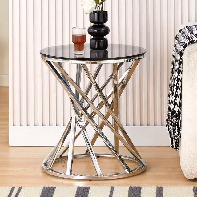 Comfy Living Round Geometric Side Table with Glass Top and Metal Base in Silver or Gold