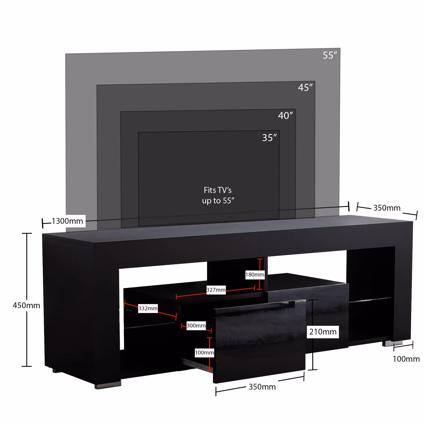 Vida Designs Luna Modern 2 Drawer LED TV Unit with Integrated Lighting and Glass Details in Black – 2