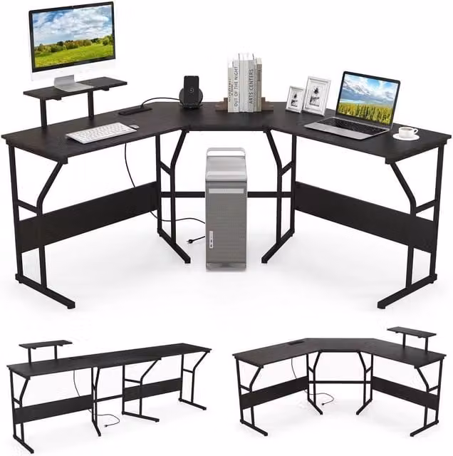 Kelvenix L-shaped Corner Computer Desk in Black Metal