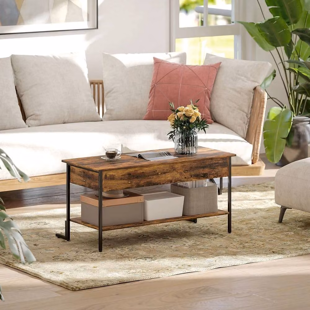 FORGEVIO Lift Top Coffee Table with Hidden Compartment and Shelf, Rustic Brown and Black, W/D/H: 95 x 40 x 46.5 cm – 4