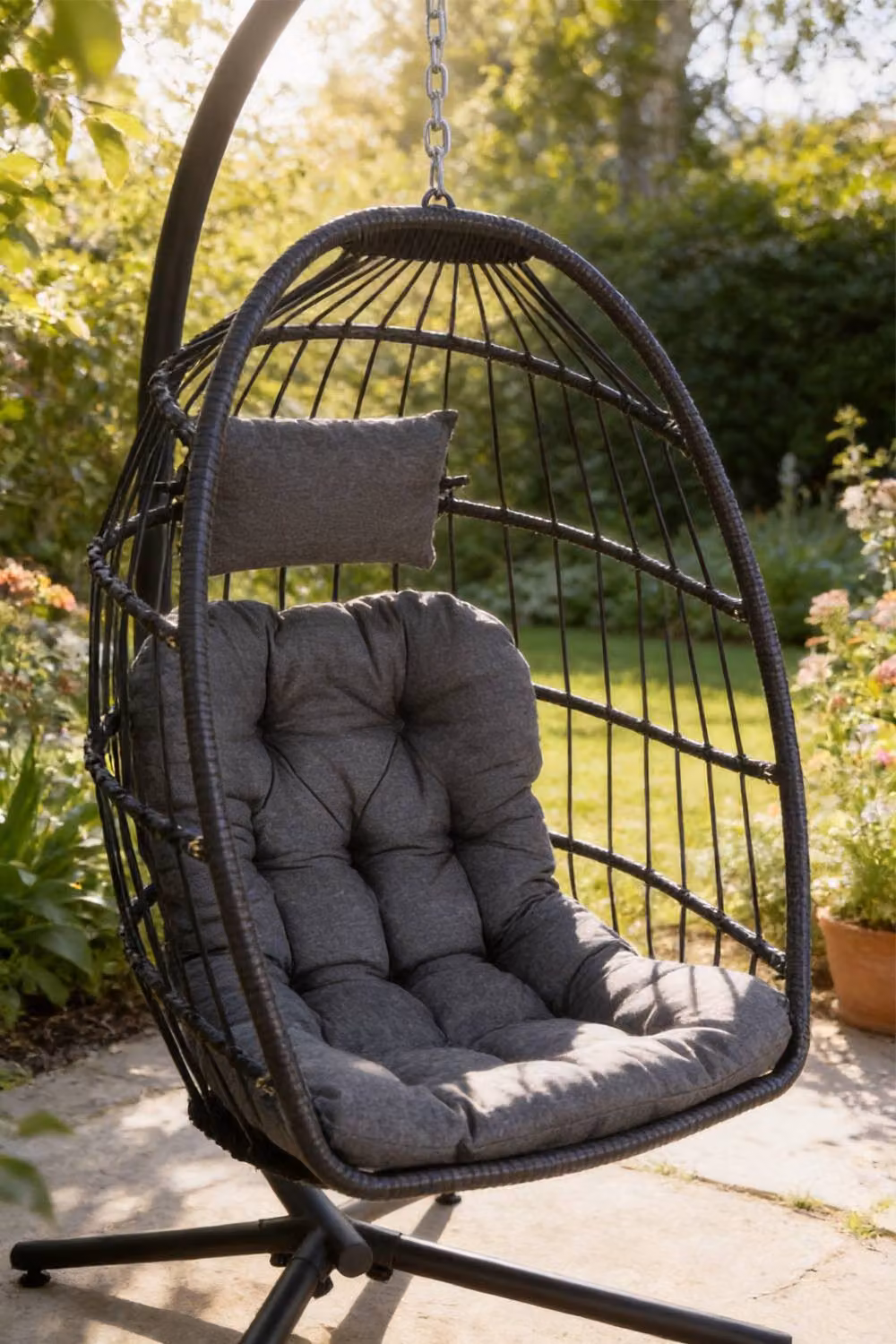 Living and Home Egg-Shaped Hanging Lounge Chair with Cushions and Headrest in Black – 2