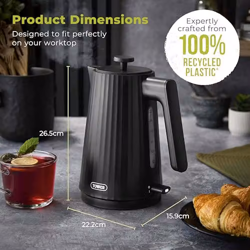 Tower EcoForm 1.7L 3kW Kettle in Black with Limescale Filter and Recycled Plastic Construction – 11