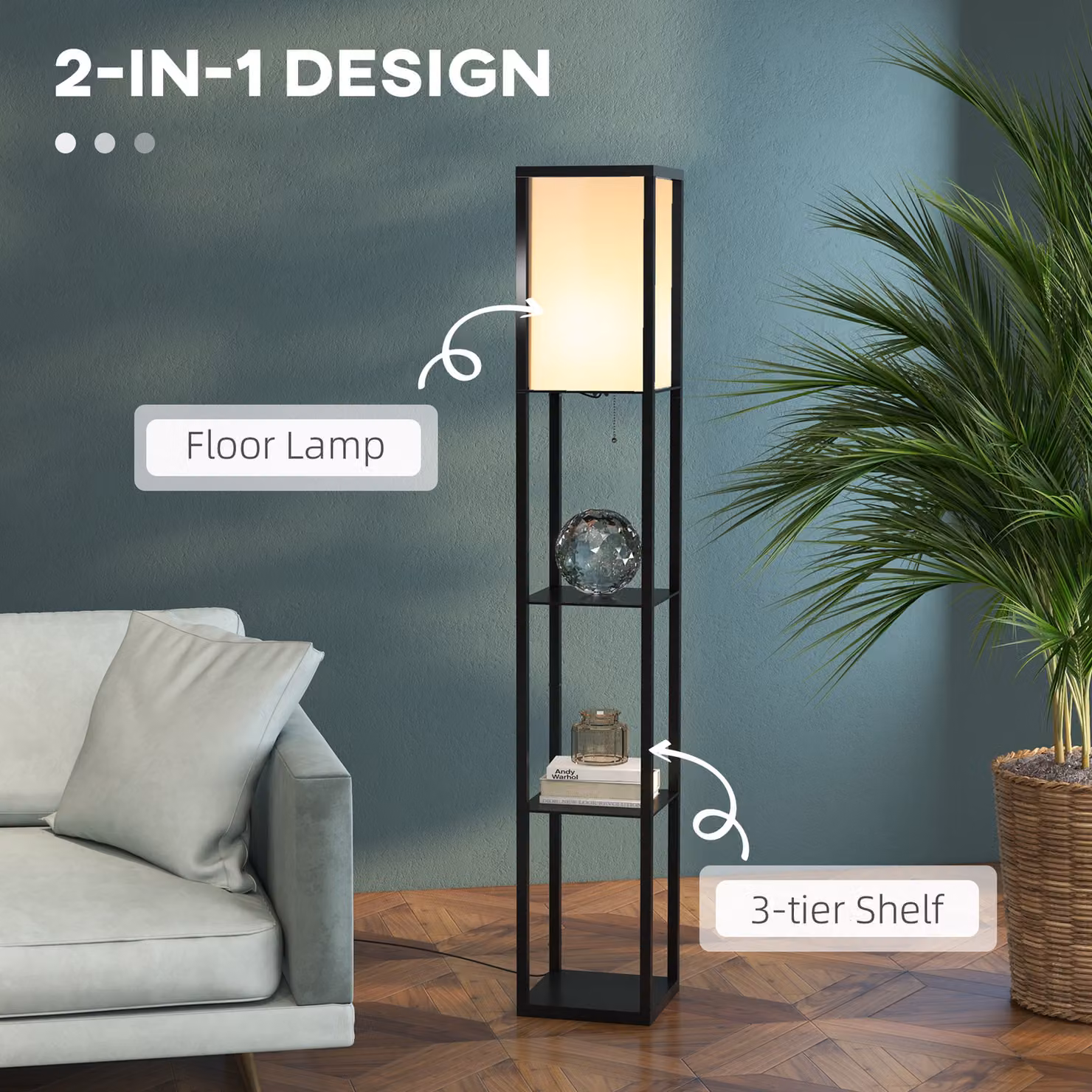 HOMCOM Modern Floor Lamp with Storage Shelves in Black – 3