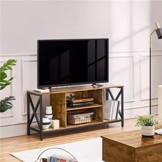 EONLION Industrial TV Cabinet with X-Shape Design and Storage Shelves in Brown and Black – 1