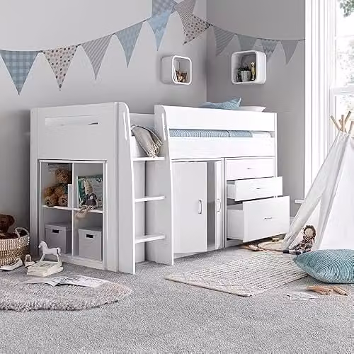 Bedmaster Lacy Kids Mid Sleeper Storage Bed with Mattress in Blue, Grey, Pink and White, W/D/H: 90 x 190 x 142 cm