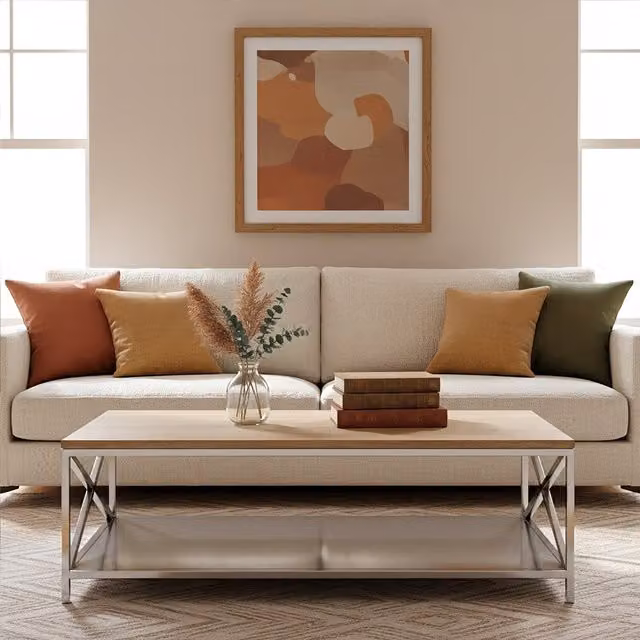 Orsina Modern Rectangular Oak Wood Coffee Table with Silver Metal X-Frame, W/D/H: 120 x 40 x 70 cm – 1