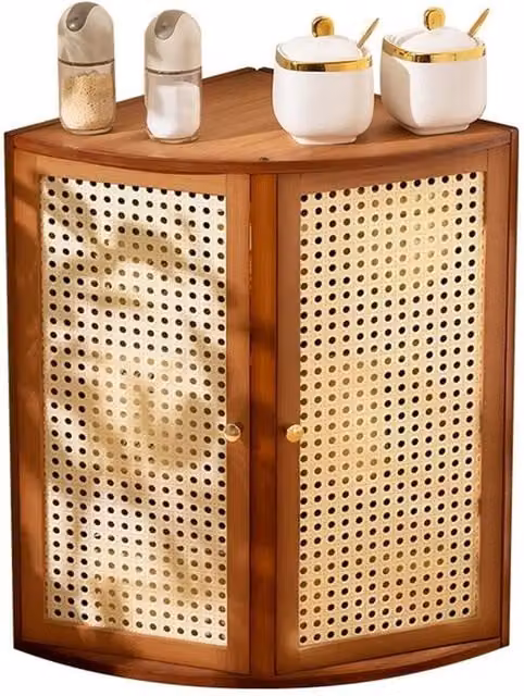 KORVIXA Brown Bamboo Corner Kitchen Cabinet with Plastic Rattan Reticulated Hinged Doors
