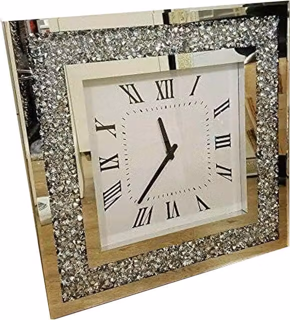 DEENZ Silver Mirrored Glass Square Quartz Wall Clock with Black Hands