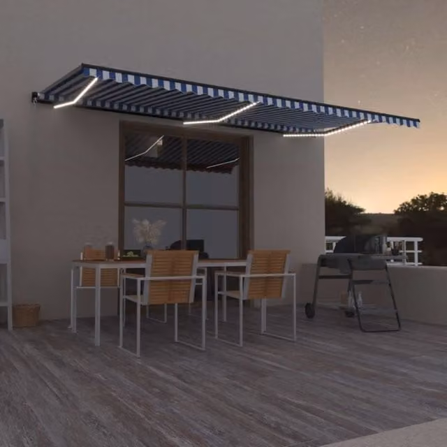 Berkfield Home Manual Retractable Awning with LED, Blue and White, W: 600 cm, D: 300 cm