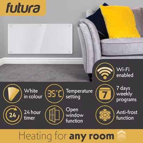 Futura 2000W WiFi Smart Glass Panel Convector Heater, White, Wall Mounted or Freestanding – 3