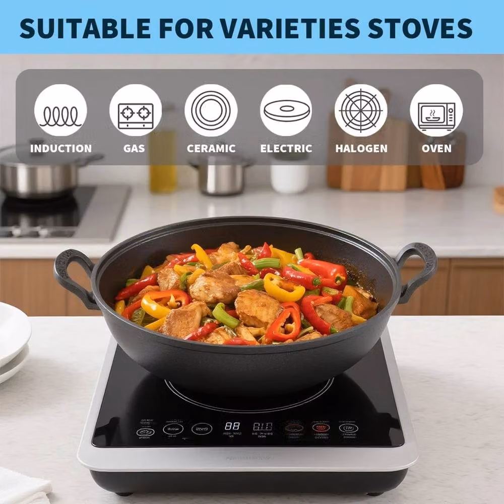 FLAVORA Uncoated Cast Iron Shallow Casserole Saute Pan in Black, W: 100 cm, H: 15 cm, D: 15 cm – 3