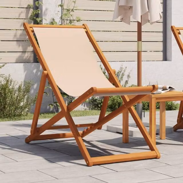 Berkfield Home Folding Beach Chair in Beige and Brown with Solid Wood Frame and Fabric – 1