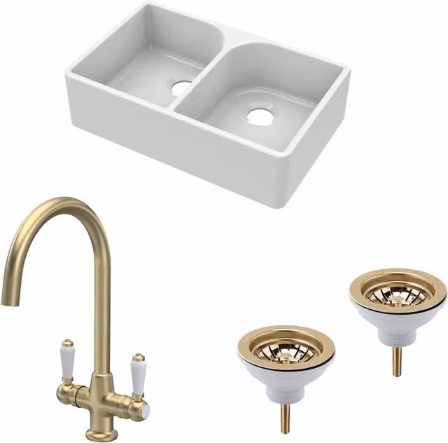 Balterley White Ceramic 2 Bowl Full Weir Butler Sink with Brushed Brass Waste Tap, W: 795 mm