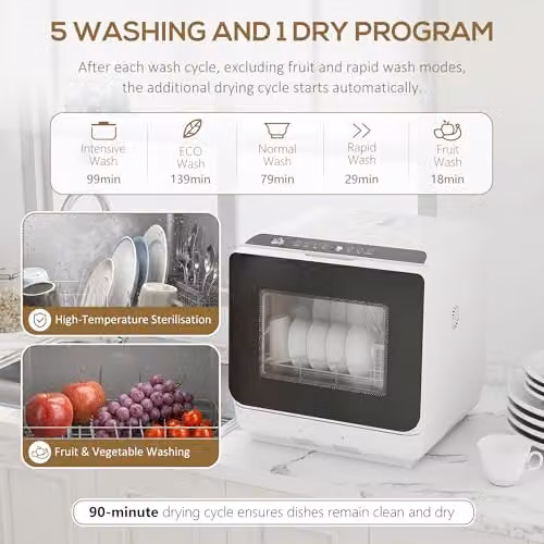 HOMCOM Countertop Dishwasher in White with 6L Water Tank and 4 Place Settings – 3