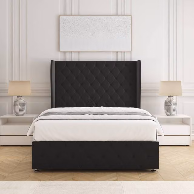 BSSPOKE Faye Plush Velvet Divan Bed Set with 54 inch Headboard and Mattress in Black, Super King, W/D/H: 200 x 163 x 3 cm