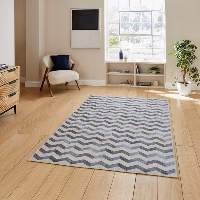 Terrys Blue Geometric Modern Flat Weave Rectangular Polyester Rug