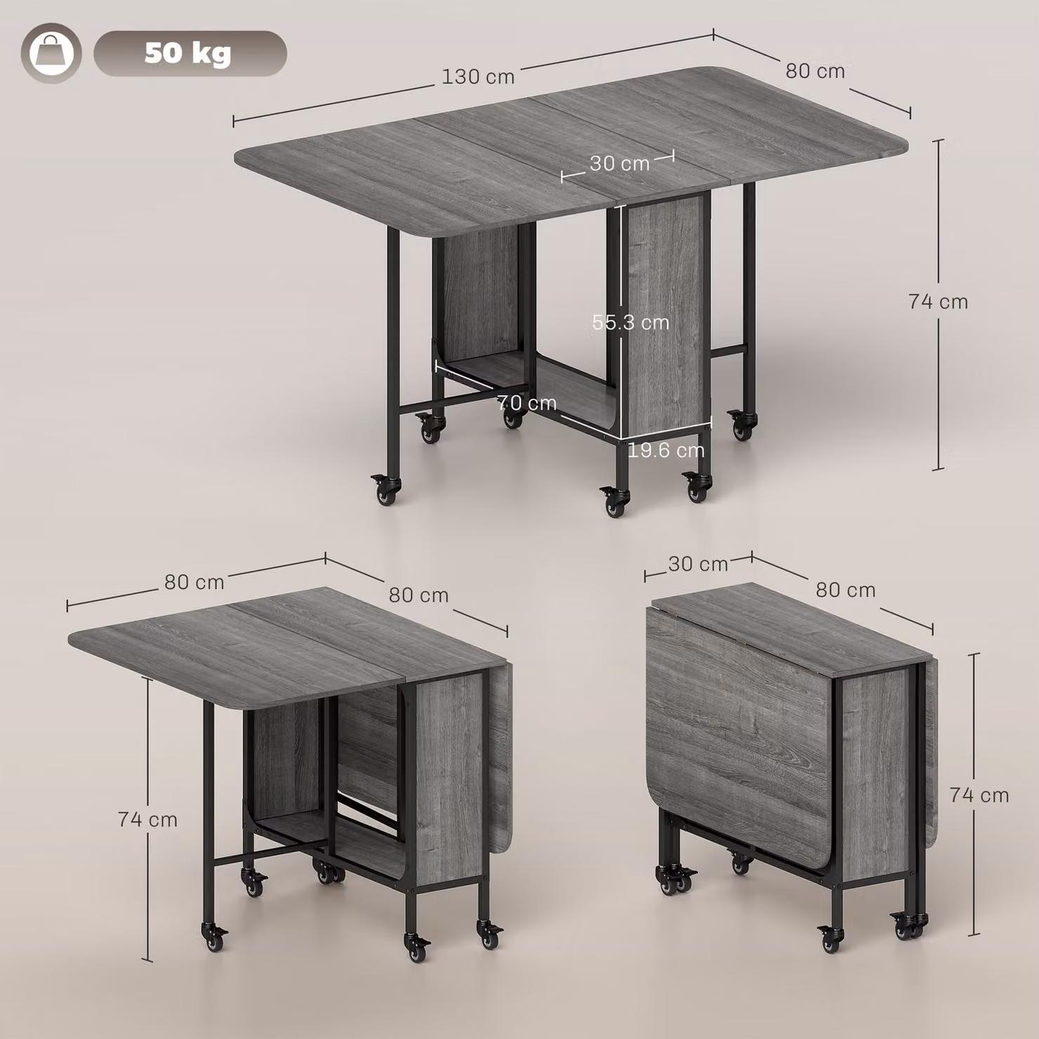 HOMCOM Grey Mobile Drop Leaf Dining Table with Storage Shelf and Castors – 3