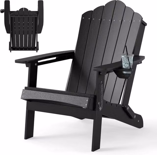 VOGREX Black Weatherproof HDPE Garden Lawn Chair with Armrests and Built-in Cup Holder – 1