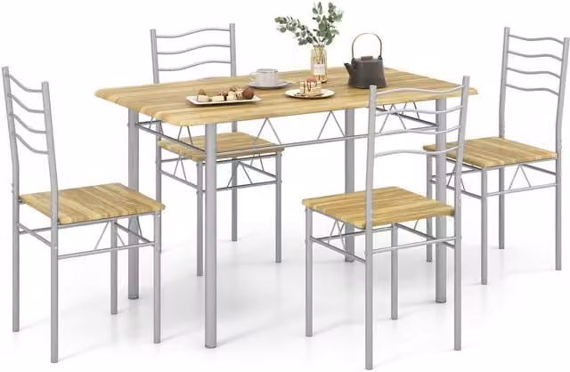 Costway 5-Piece Brown Wood and Metal Modern Breakfast Table and Chair Set