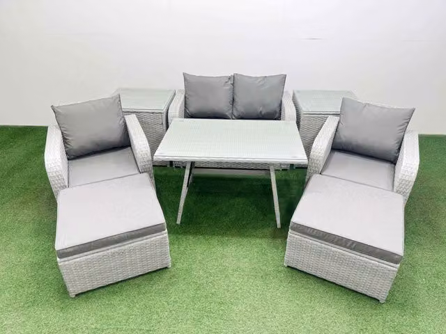 Fimous Grey PE Wicker Rattan Garden Furniture Set with 2-Seater Sofa, Lounge Armchair, Ottoman and 2 Side Tables