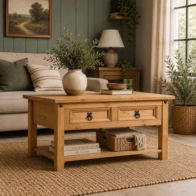 Mews Rectangular Rustic Brown Waxed Pine Wood Living Room Table