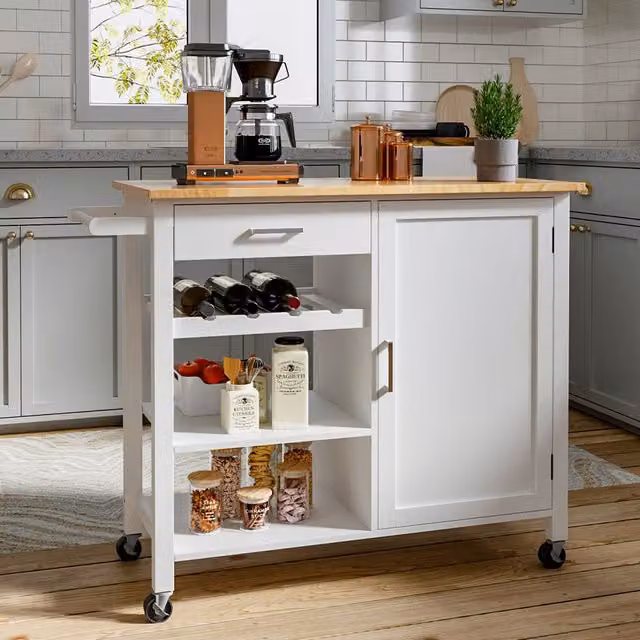 Livingandhome Modern White Wooden Kitchen Trolley with Drawer and Cabinet made from Rubberwood