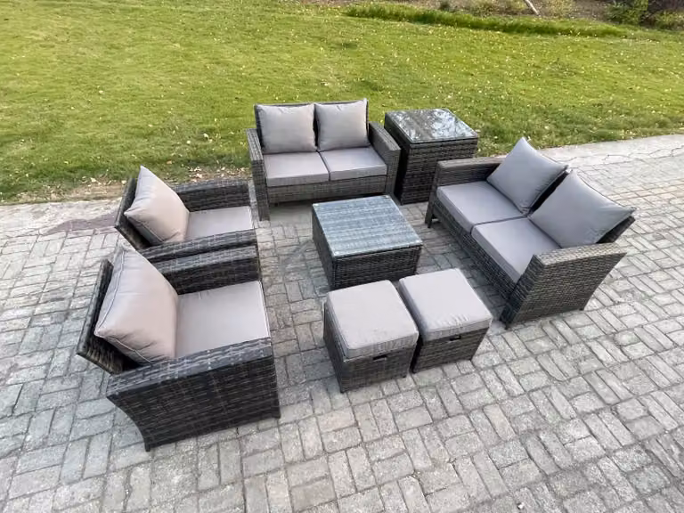 Fimous 8 Seater Rattan Garden Furniture Set in Dark Grey with U-Shape Sofa, Coffee Table and Side Table