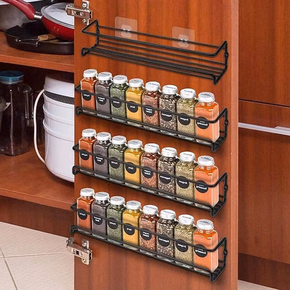 NESTLUNE Black Metal 4-Piece Spice and Herb Jar Rack Holder for Kitchen Cupboard Doors, W/H: 100 x 15 cm – 4