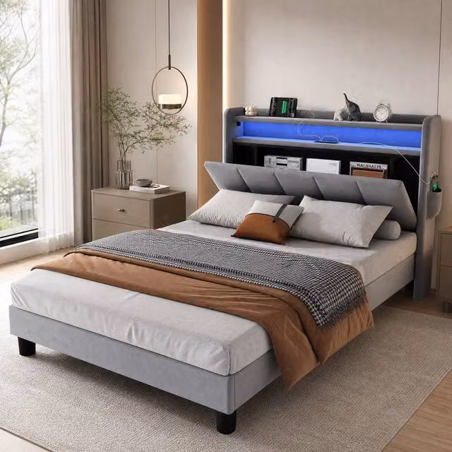 STILVORA Single Upholstered Bed in Grey with Under-Bed LED Lighting, USB Charging Port and Side Compartment Storage, W/D/H: 90 x 190 x 107 cm