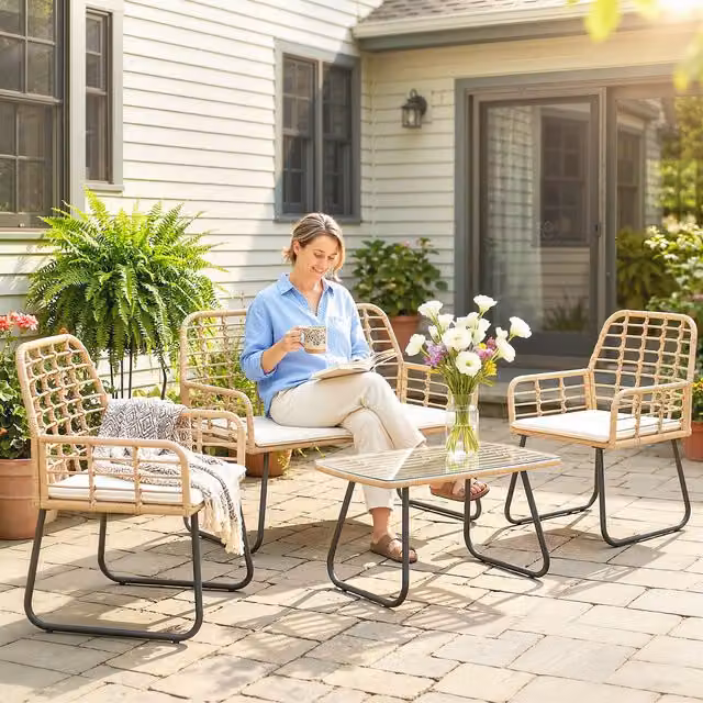 Outsunny Four Piece Modern Rattan Garden Furniture Set in Beige and Brown with Natural Wood Finish