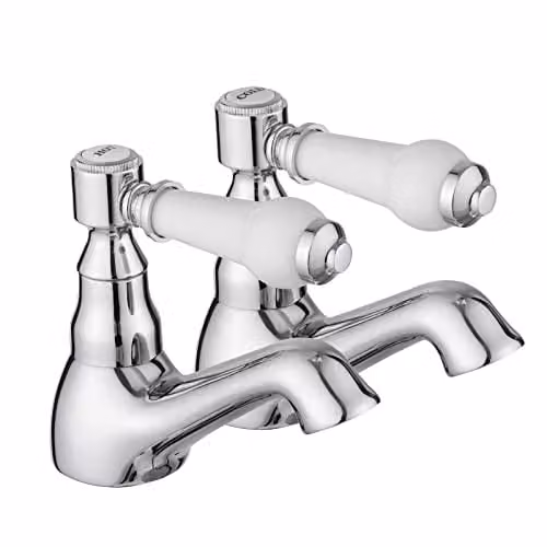 JASSFERRY Pair of Chrome Basin Pillar Taps with White Ceramic Lever Handles for Hot and Cold Water – 1