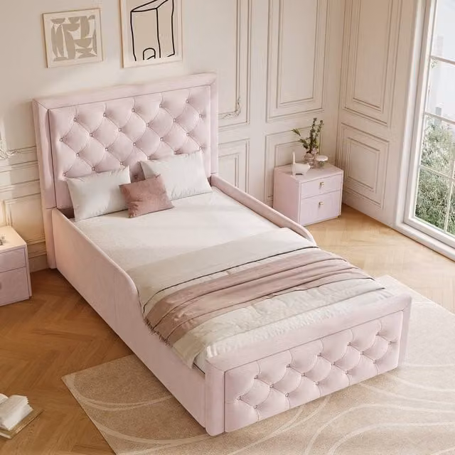 Merax Pink Velvet Upholstered Single Bed Frame with Hydraulic Lift-Up Storage, W/D/H: 90 x 190 cm