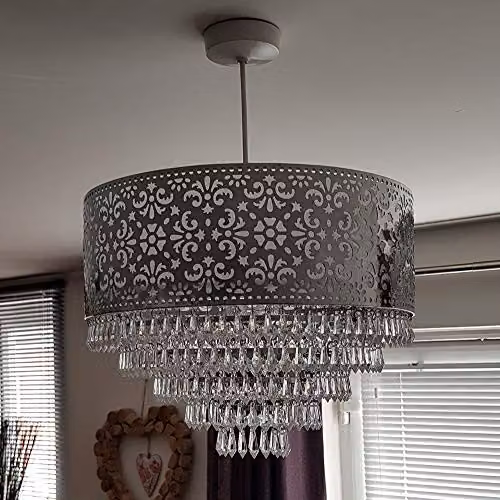 K LIVING Emily Easy Fit Chrome Pendant Shade with Five Tier Clear Acrylic Beaded Droplets – 3