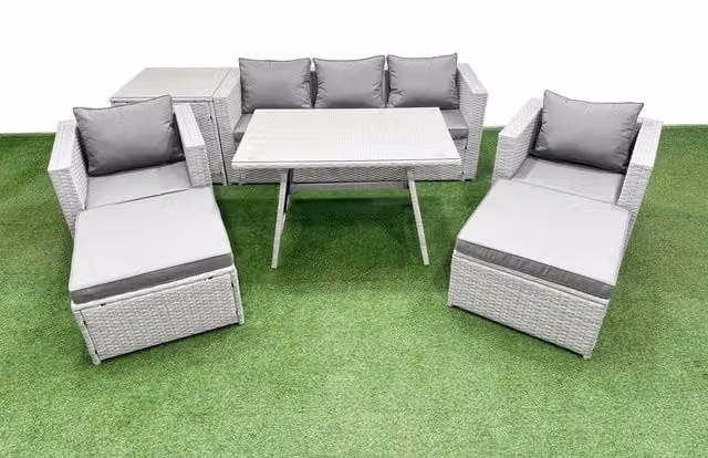 Fimous 8 Piece Outdoor PE Rattan Sofa Armchair Set with Side Table and Large Stool in Light Grey