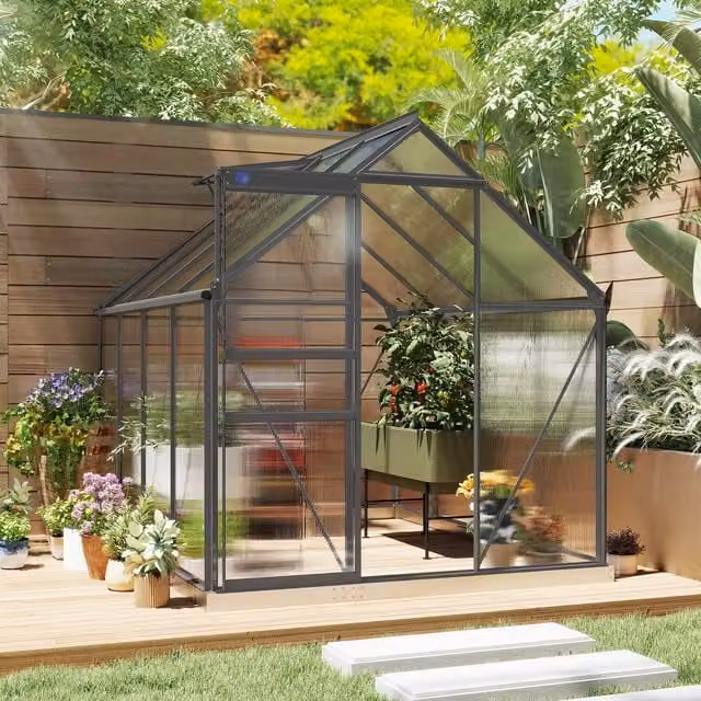 Outsunny Polycarbonate Greenhouse with Sliding Windows and Gable Roof in Dark Grey