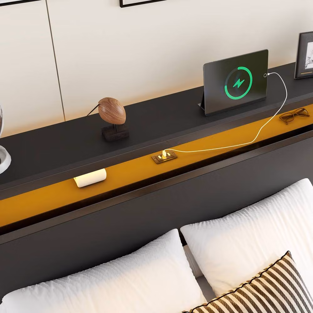 Merax Black Metal Double Bed Frame with Bedside Tables, LED Lighting and USB Charging Ports, W/D/H: 140 x 200 x 135 cm – 6