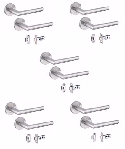 Golden Grace Mitred Door Handles on Round Rose, 5 Pairs, Satin Nickel