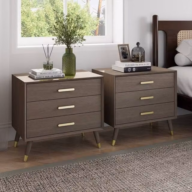 Melody Maison Oslo Pair of Large 3 Drawer Bedside Tables in Brown Wood with Gold Accents