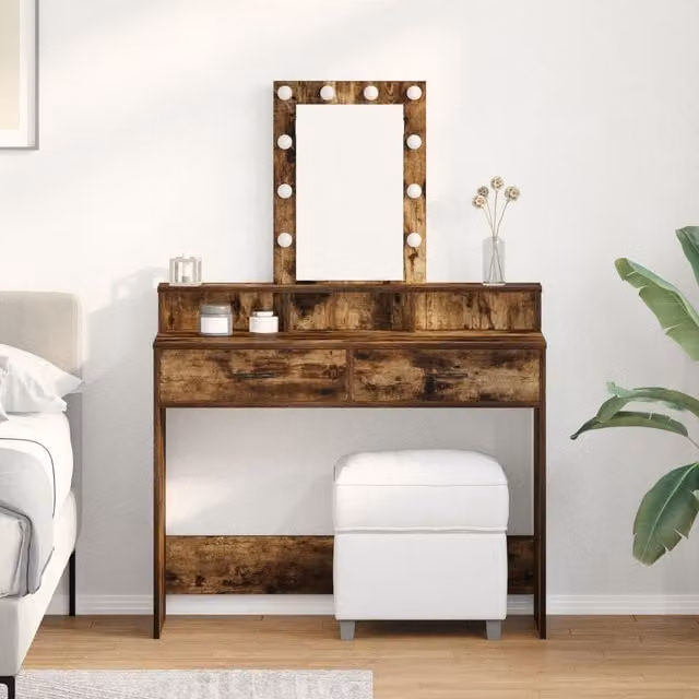 Berkfield Home Smoked Oak Dressing Table with Hollywood LED Lights in Brown, W/D/H: 100 x 41 x 140 cm