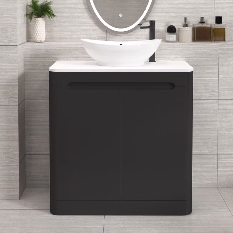 Royal Bathrooms Venice 800mm Matt Nocturne Black Floor Standing 2 Door Vanity Unit with Plain White Worktop and Amaze Basin