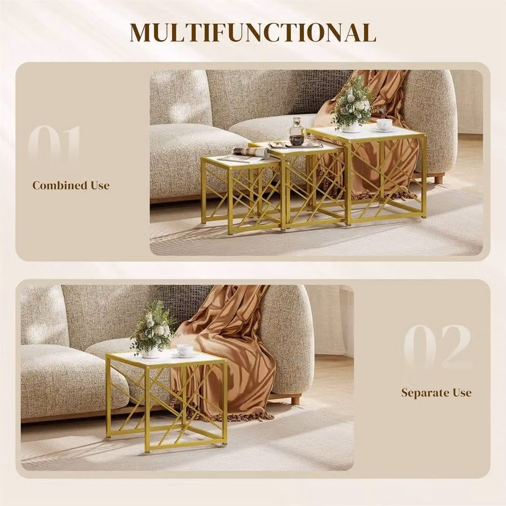 Kelvenix Set of 3 Nesting Coffee Tables in White and Gold with Metal X-Frame Design – 3