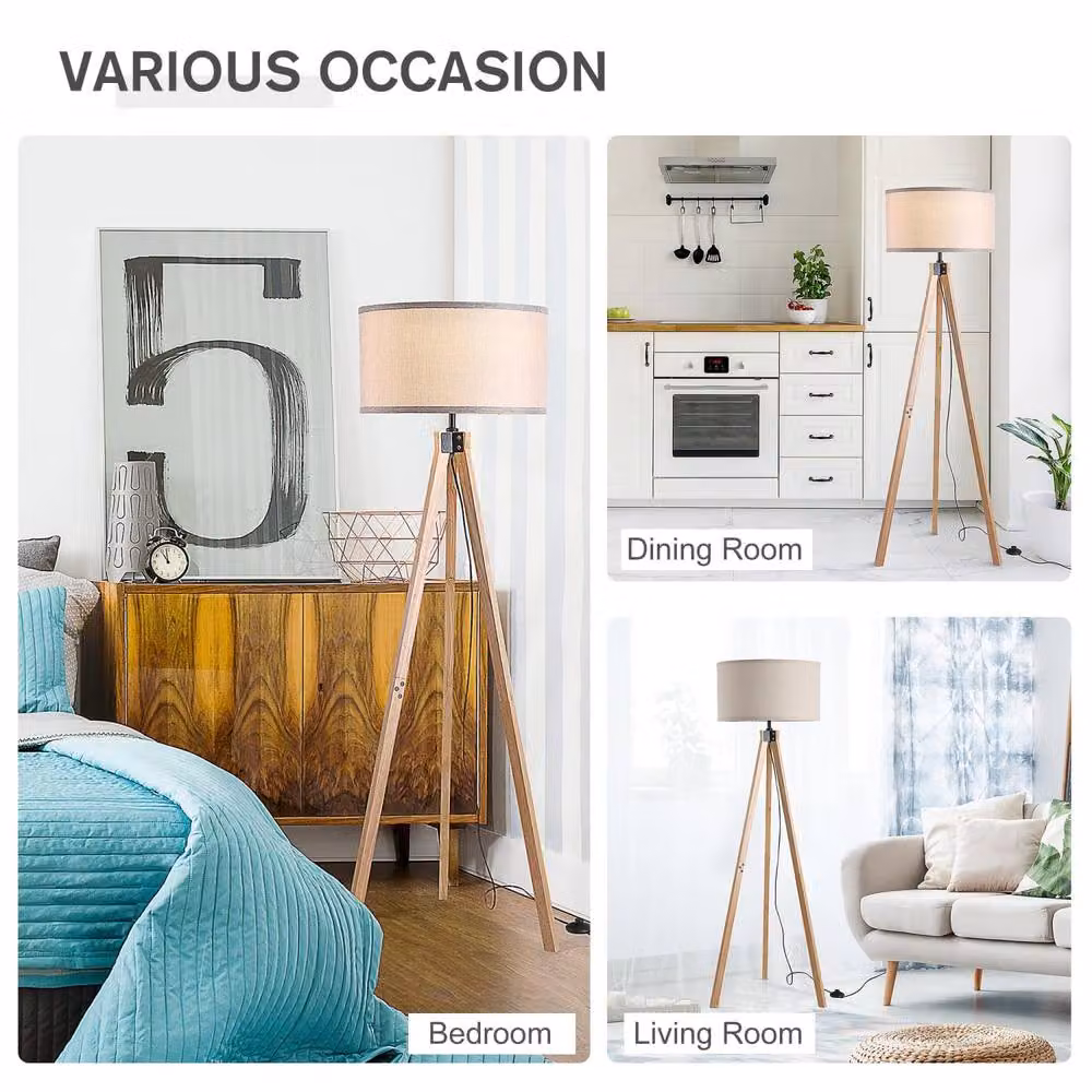 Wyld Haus Tare Tripod Floor Lamp with Beige Fabric Shade and Natural Wood Base, Height: 152 cm – 3