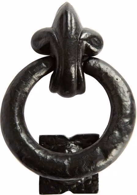 Hammer and Tongs Fleur De Lis Iron Door Knocker in Matt Black, Height: 14.0 cm – 1