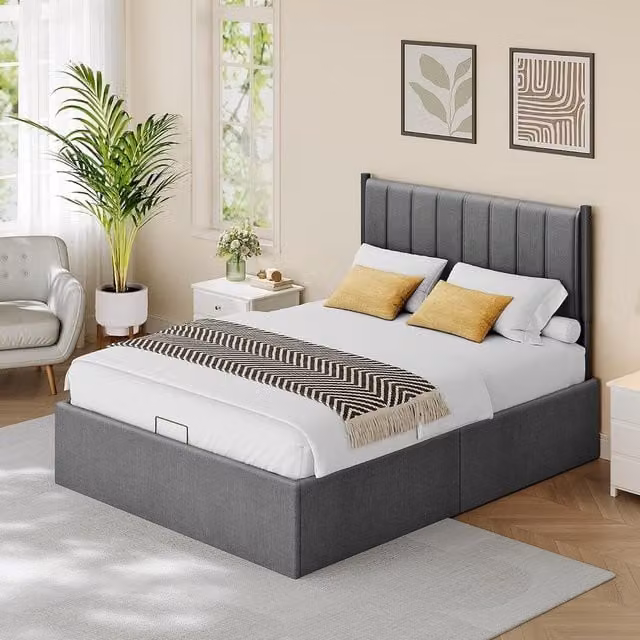VASAGLE Modern Upholstered Double Bed Frame with Lift-Up Storage in Grey and Blue, W/D/H: 140 x 200 cm