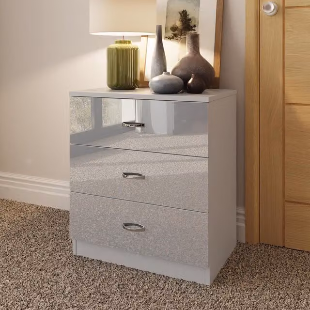 FWStyle Chilton Grey Gloss 3 Drawer Chest H 68.5 cm x W 60 cm x D 40 cm