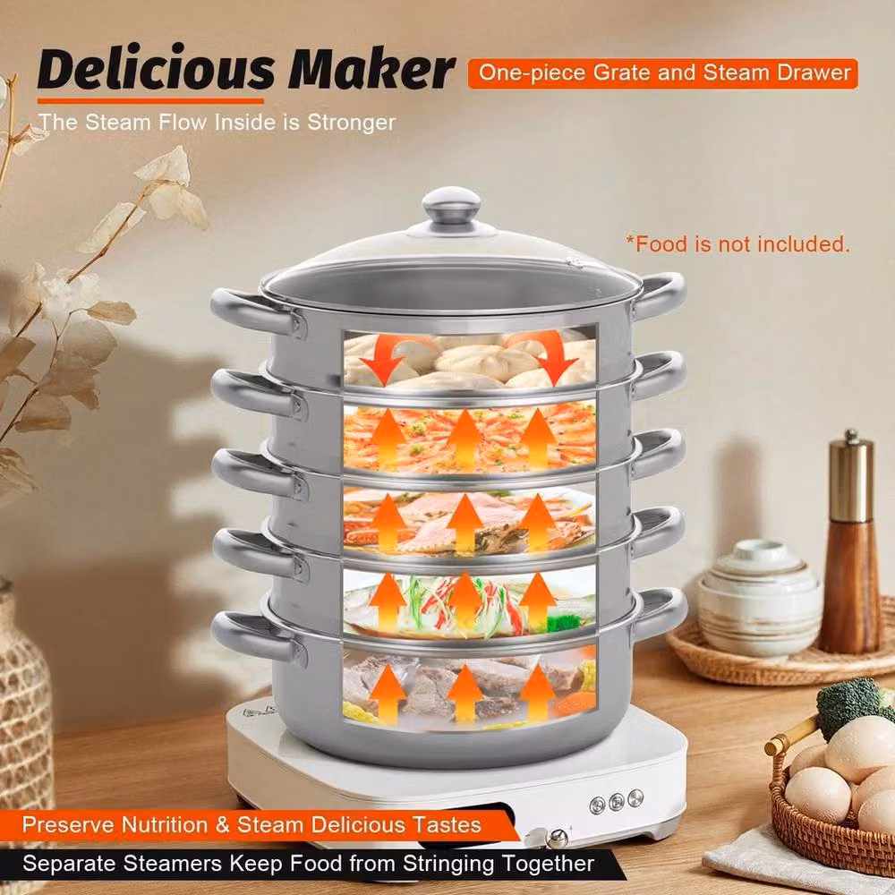 FLAVORA 5 Tier Stainless Steel Steamer Pot in Silver, Diameter: 30 cm, Height: 15 cm – 4