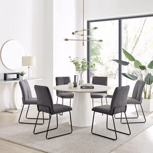 FurnitureboxUK Palma Beige Stone Effect Round Dining Table and 6 Halle Chairs in Dark Grey