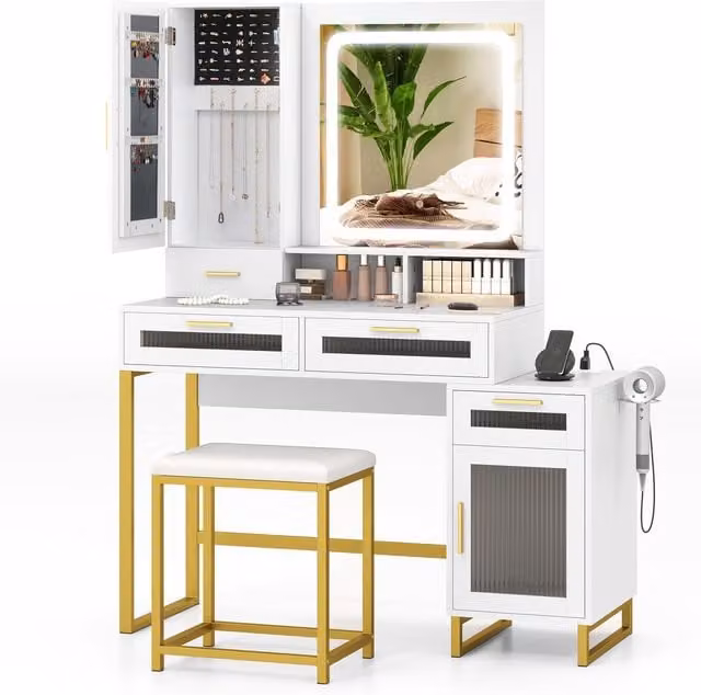Costway Modern Vanity Set with Hollywood LED Mirror and Chair in White