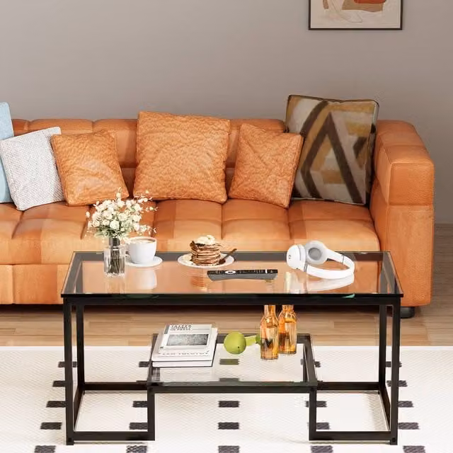 Huhote Modern Rectangular 2-Tier Coffee Table with Glass Top and Black Metal Frame, W/D/H: 100 x 47.75 x 45.2 cm – 1